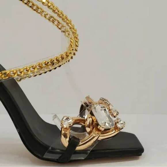 Black and gold open toe strap up high heel sandals with chunky clear jewels 💎 - Picture 6 of 7